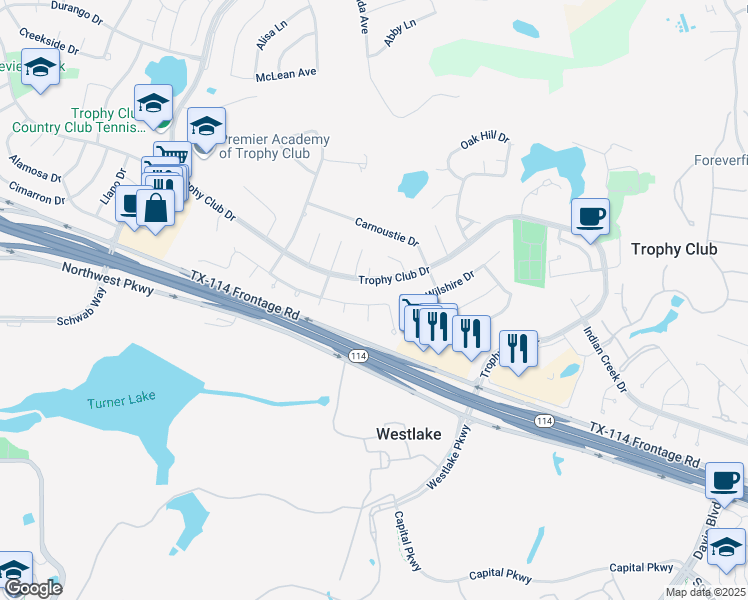 map of restaurants, bars, coffee shops, grocery stores, and more near 153 Creek Courts Drive in Trophy Club