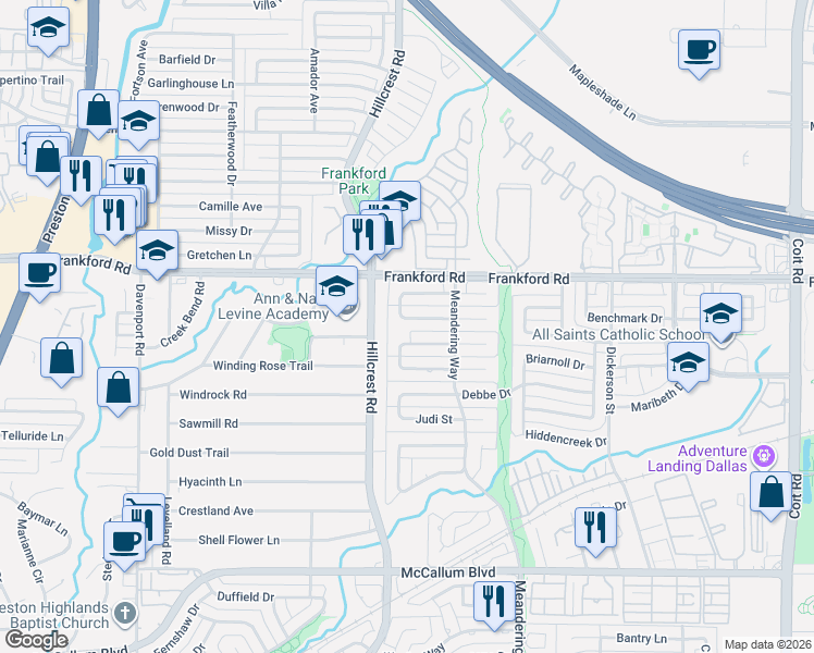 map of restaurants, bars, coffee shops, grocery stores, and more near 7020 Bremerton Drive in Dallas