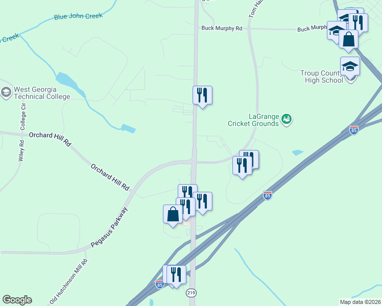 map of restaurants, bars, coffee shops, grocery stores, and more near Tom Hall Parkway in LaGrange