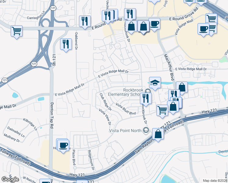 map of restaurants, bars, coffee shops, grocery stores, and more near 420 Ridge Meade Drive in Lewisville