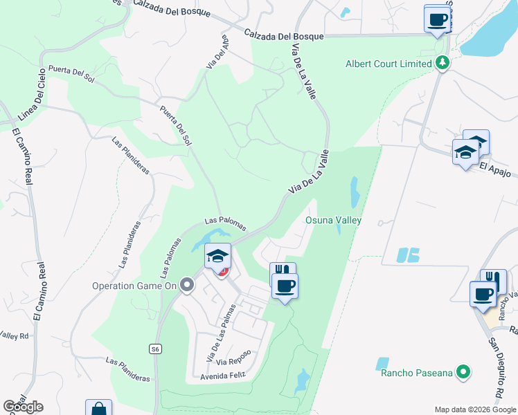 map of restaurants, bars, coffee shops, grocery stores, and more near 15604 Via De La Valle in Rancho Santa Fe