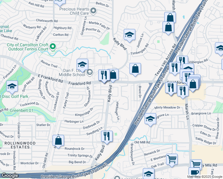 map of restaurants, bars, coffee shops, grocery stores, and more near 17910 Kelly Boulevard in Dallas
