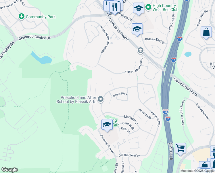 map of restaurants, bars, coffee shops, grocery stores, and more near 11334 Almazon Street in San Diego