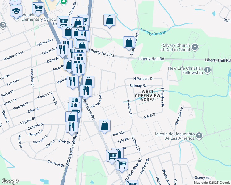 map of restaurants, bars, coffee shops, grocery stores, and more near 109 Villa Drive in Goose Creek