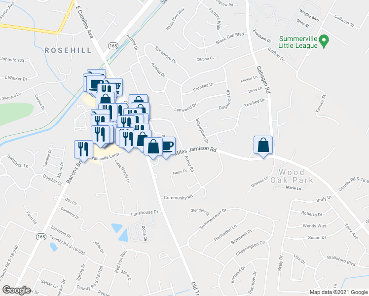 map of restaurants, bars, coffee shops, grocery stores, and more near 8 Arbor Road in Summerville