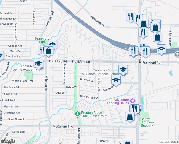 map of restaurants, bars, coffee shops, grocery stores, and more near 7328 Williamswood Drive in Dallas