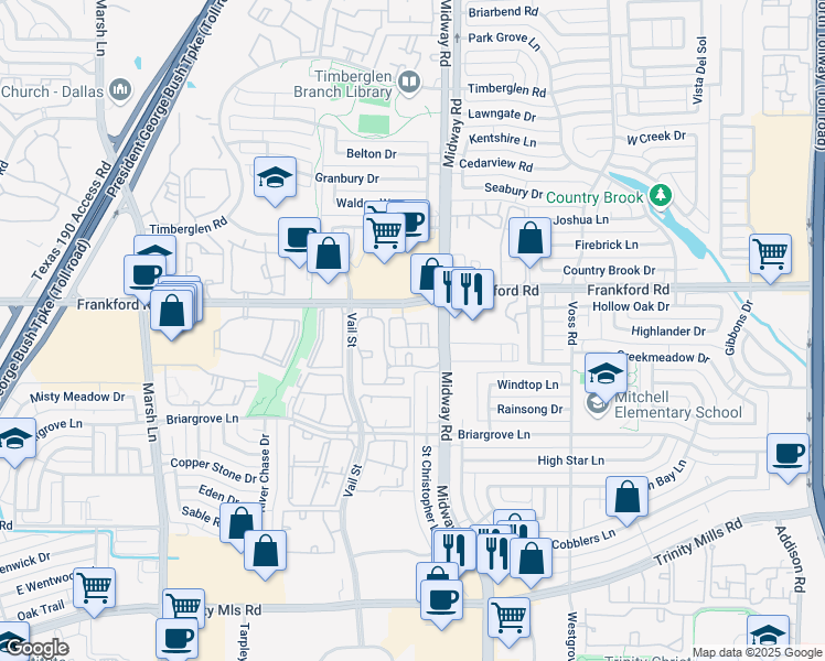 map of restaurants, bars, coffee shops, grocery stores, and more near 18081 Midway Road in Dallas