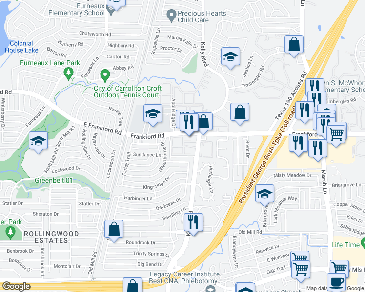 map of restaurants, bars, coffee shops, grocery stores, and more near 2611 Appledale Lane in Dallas
