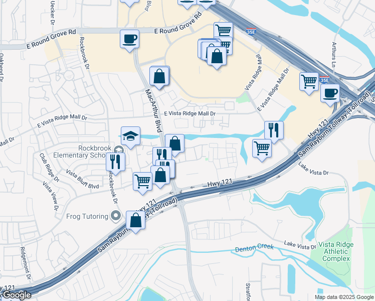 map of restaurants, bars, coffee shops, grocery stores, and more near 2701 MacArthur Boulevard in Lewisville