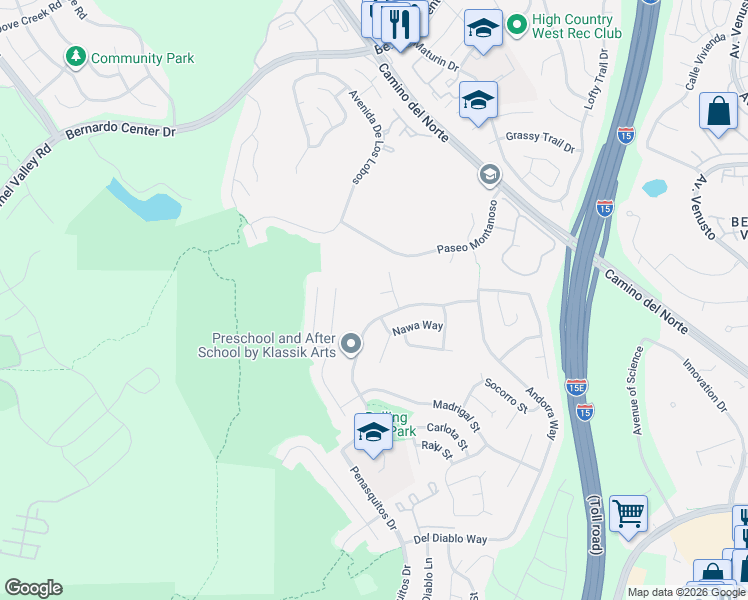 map of restaurants, bars, coffee shops, grocery stores, and more near 11334 Almazon Street in San Diego