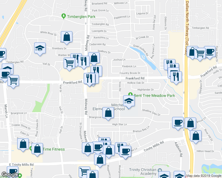 map of restaurants, bars, coffee shops, grocery stores, and more near 18111 Whispering Gables Lane in Dallas