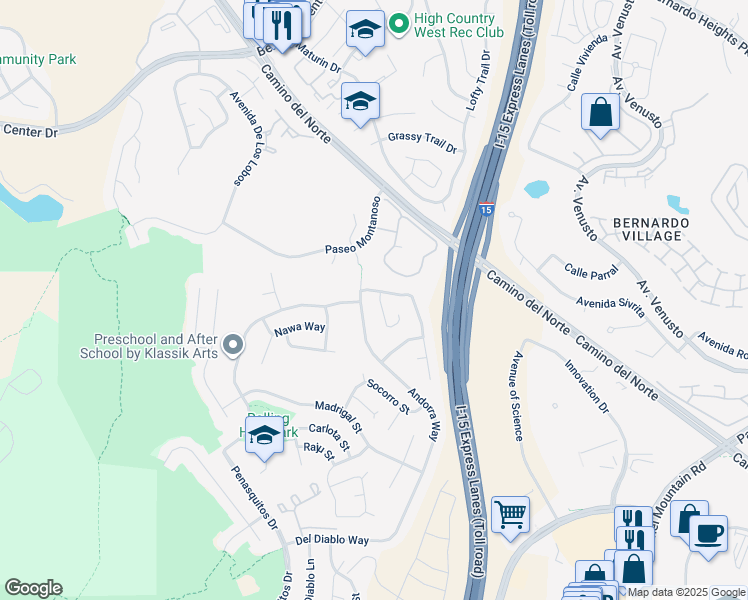 map of restaurants, bars, coffee shops, grocery stores, and more near 15589 Paseo Jenghiz in San Diego