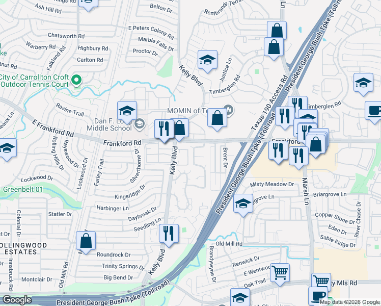 map of restaurants, bars, coffee shops, grocery stores, and more near 17910 Kelly Boulevard in Dallas