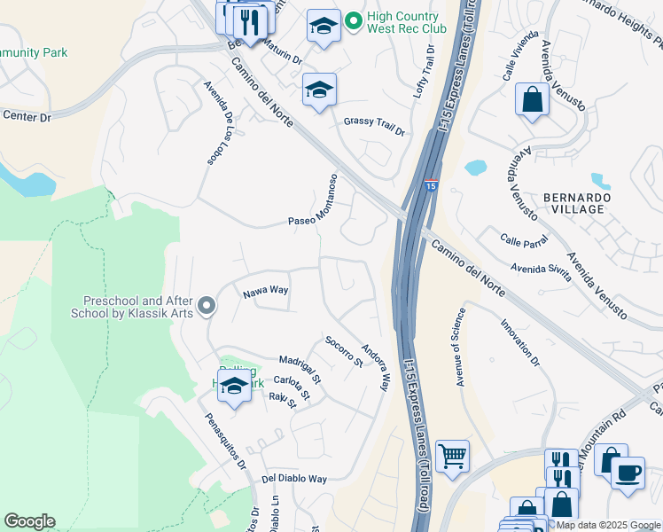 map of restaurants, bars, coffee shops, grocery stores, and more near 15589 Paseo Jenghiz in San Diego