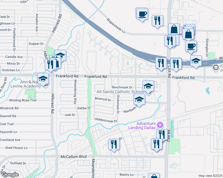 map of restaurants, bars, coffee shops, grocery stores, and more near 18016 Benchmark Drive in Dallas