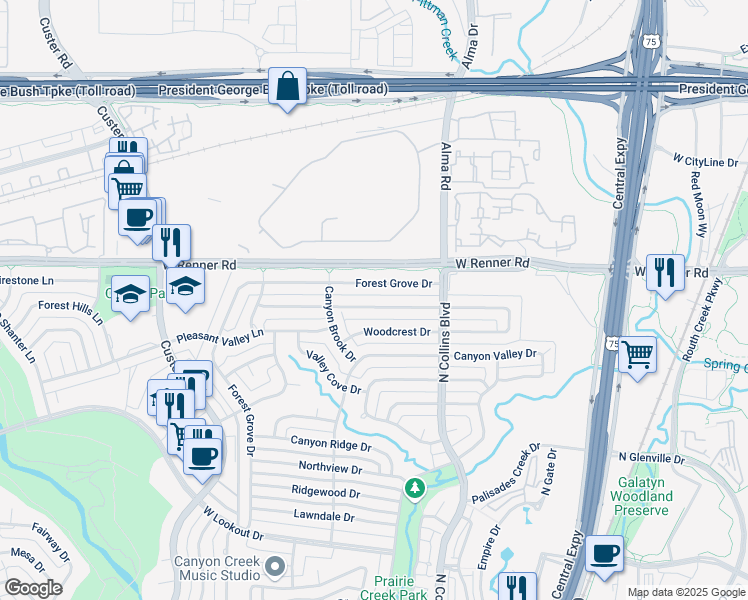 map of restaurants, bars, coffee shops, grocery stores, and more near 325 High Brook Drive in Richardson