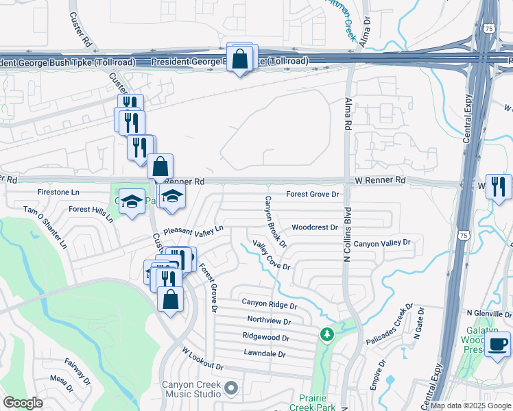 map of restaurants, bars, coffee shops, grocery stores, and more near 409 High Brook Drive in Richardson