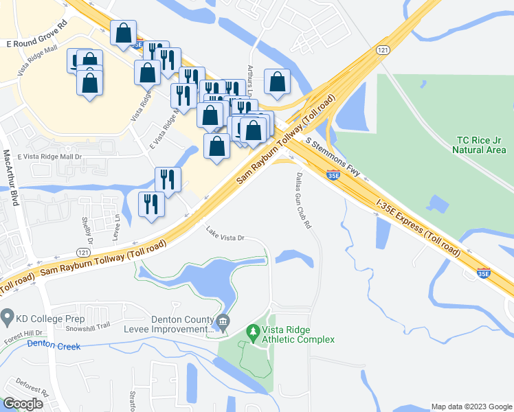 map of restaurants, bars, coffee shops, grocery stores, and more near 2777 Lake Vista Drive in Lewisville