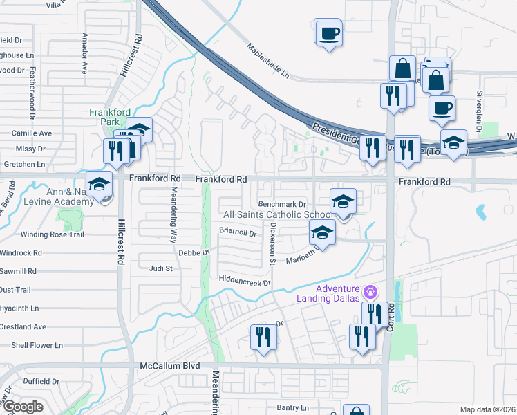 map of restaurants, bars, coffee shops, grocery stores, and more near 18016 Benchmark Drive in Dallas