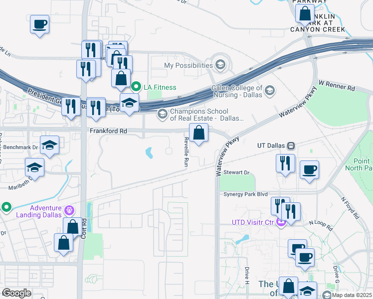 map of restaurants, bars, coffee shops, grocery stores, and more near Reveille Run in Dallas
