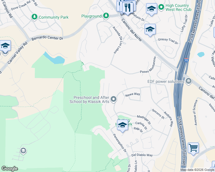 map of restaurants, bars, coffee shops, grocery stores, and more near 11366 Linares Street in San Diego