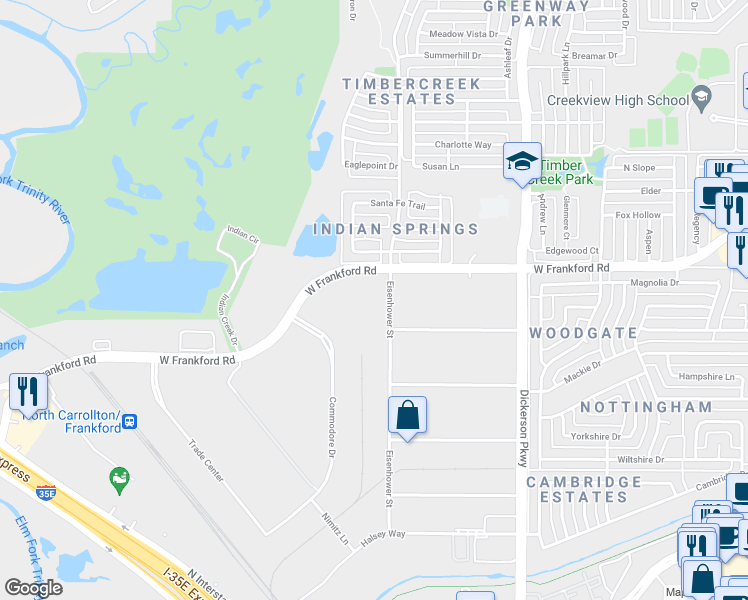 map of restaurants, bars, coffee shops, grocery stores, and more near 2933 Eisenhower Street in Carrollton