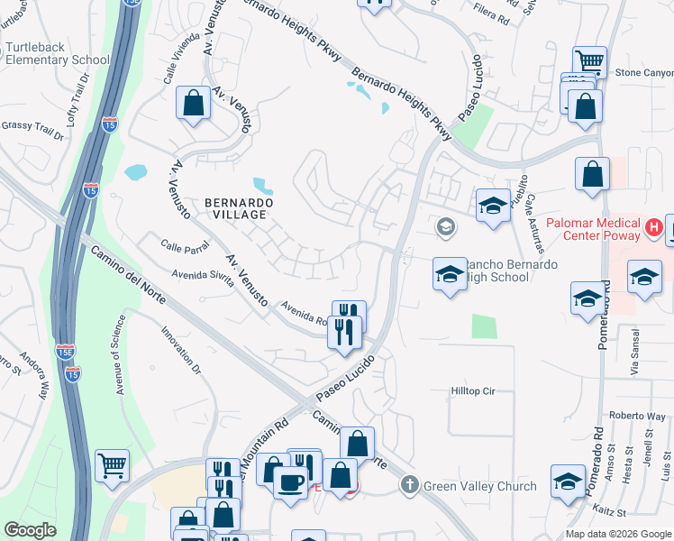 map of restaurants, bars, coffee shops, grocery stores, and more near 12139 Caminito Corriente in San Diego