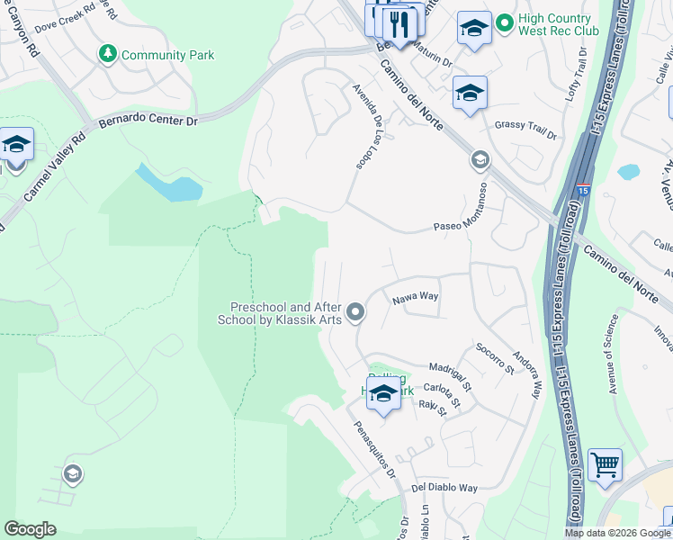 map of restaurants, bars, coffee shops, grocery stores, and more near 11325 Penanova Street in San Diego