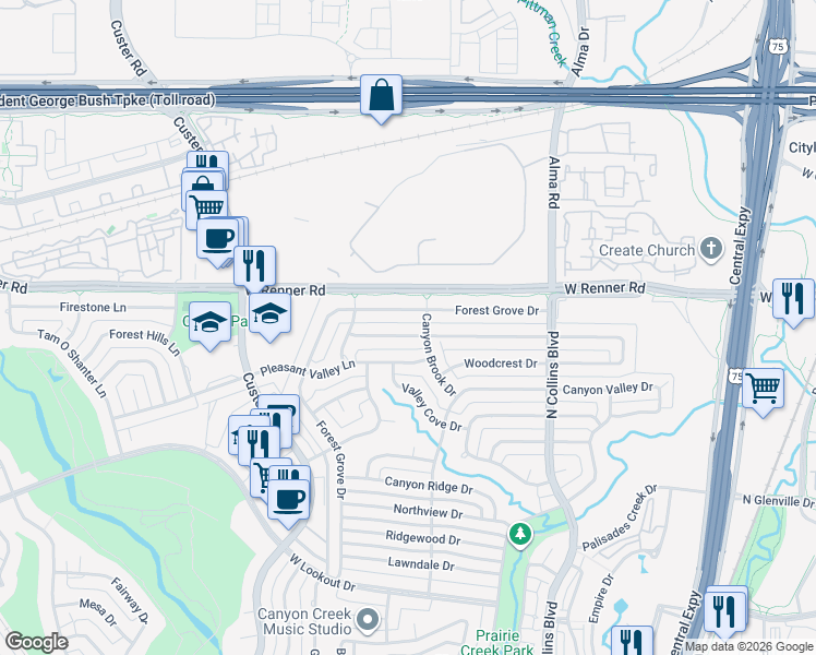 map of restaurants, bars, coffee shops, grocery stores, and more near 409 High Brook Drive in Richardson