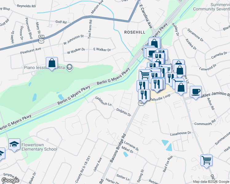 map of restaurants, bars, coffee shops, grocery stores, and more near 211 Chipping Sparrow Drive in Summerville