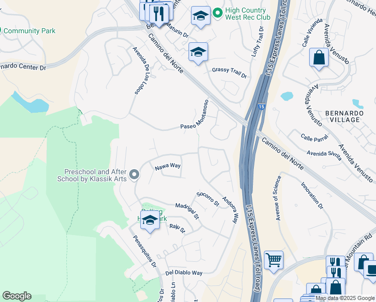 map of restaurants, bars, coffee shops, grocery stores, and more near 11526 Almazon Street in San Diego