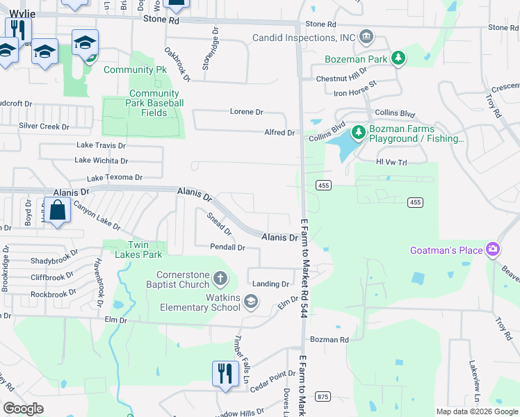 map of restaurants, bars, coffee shops, grocery stores, and more near 414 Shannon Drive in Wylie