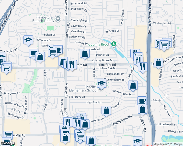 map of restaurants, bars, coffee shops, grocery stores, and more near 18063 Whispering Gables Lane in Dallas