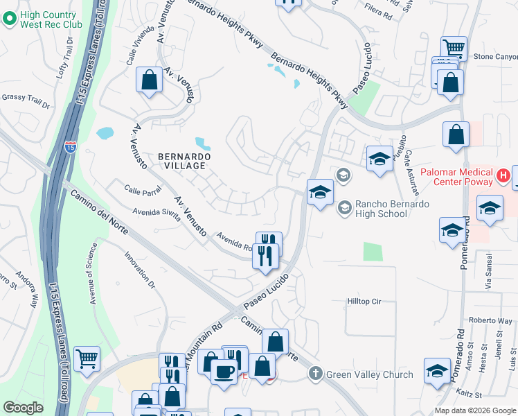 map of restaurants, bars, coffee shops, grocery stores, and more near 12139 Caminito Corriente in San Diego