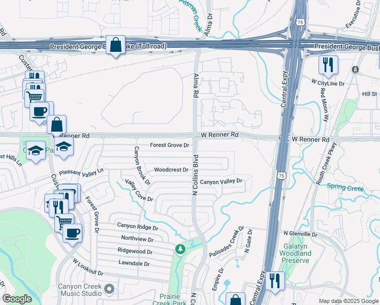 map of restaurants, bars, coffee shops, grocery stores, and more near 300 Forest Grove Drive in Richardson