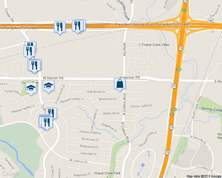 map of restaurants, bars, coffee shops, grocery stores, and more near 312 Forest Grove Drive in Richardson