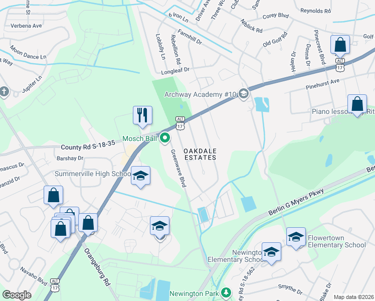 map of restaurants, bars, coffee shops, grocery stores, and more near 110 Oakdale Drive in Summerville