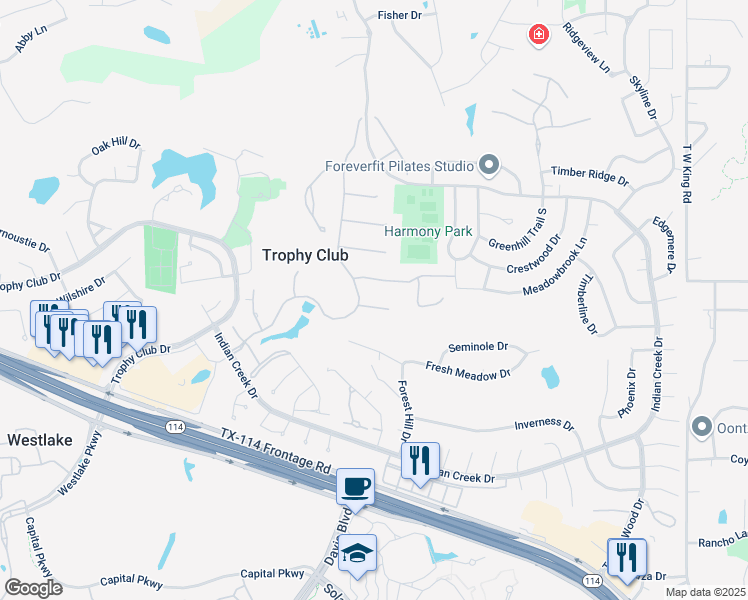 map of restaurants, bars, coffee shops, grocery stores, and more near 5 Stephen's Court in Trophy Club