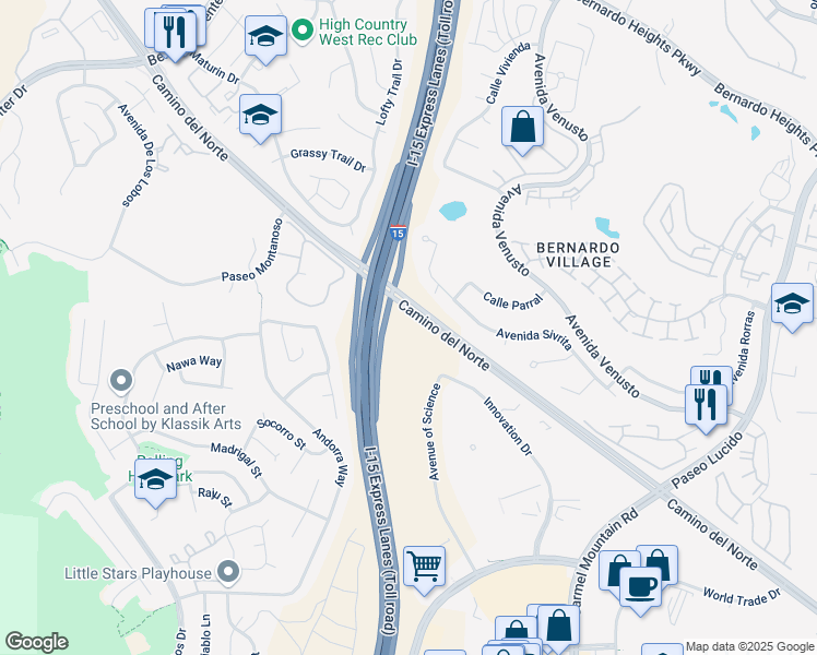 map of restaurants, bars, coffee shops, grocery stores, and more near 15445 Innovation Drive in San Diego