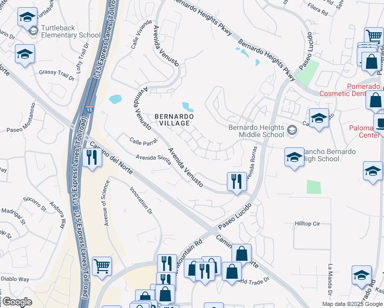 map of restaurants, bars, coffee shops, grocery stores, and more near 11851 Caminito Corriente in San Diego