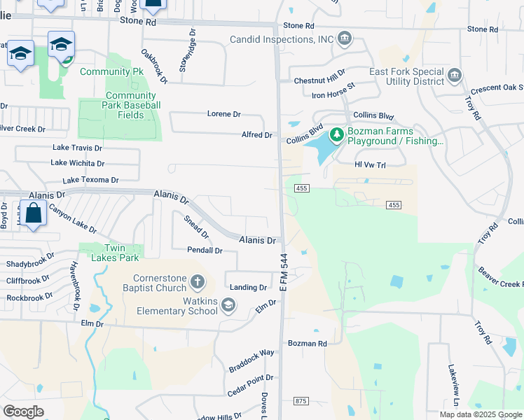 map of restaurants, bars, coffee shops, grocery stores, and more near 1340 East FM 544 in Wylie