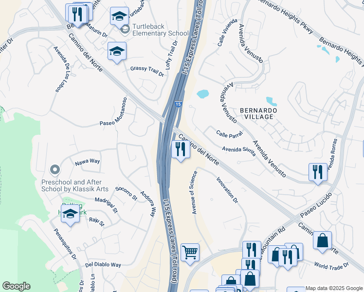 map of restaurants, bars, coffee shops, grocery stores, and more near 15445 Innovation Drive in San Diego