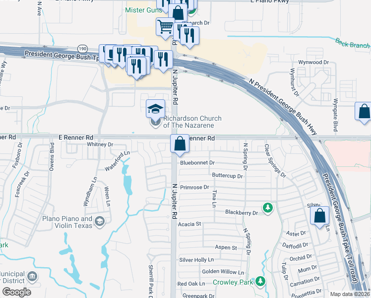 map of restaurants, bars, coffee shops, grocery stores, and more near 2201 Morning Glory Drive in Richardson