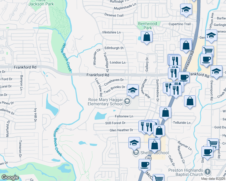 map of restaurants, bars, coffee shops, grocery stores, and more near 5711 Twin Brooks Drive in Dallas