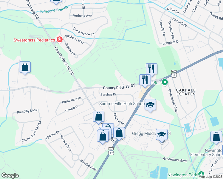 map of restaurants, bars, coffee shops, grocery stores, and more near 221 Tupperway Drive in Summerville