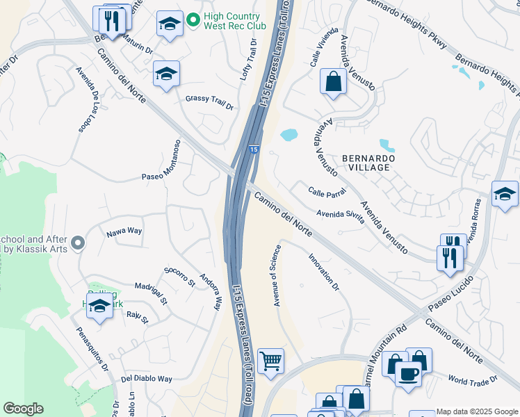map of restaurants, bars, coffee shops, grocery stores, and more near 15445 Innovation Drive in San Diego