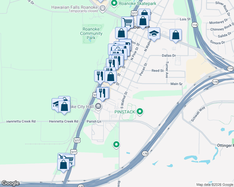 map of restaurants, bars, coffee shops, grocery stores, and more near 300 Lamar Street in Roanoke