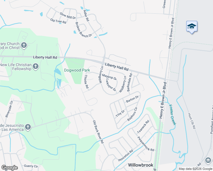 map of restaurants, bars, coffee shops, grocery stores, and more near 112 Larkspur Drive in Goose Creek