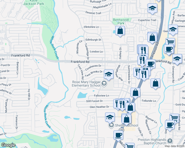 map of restaurants, bars, coffee shops, grocery stores, and more near 5711 Twin Brooks Drive in Dallas
