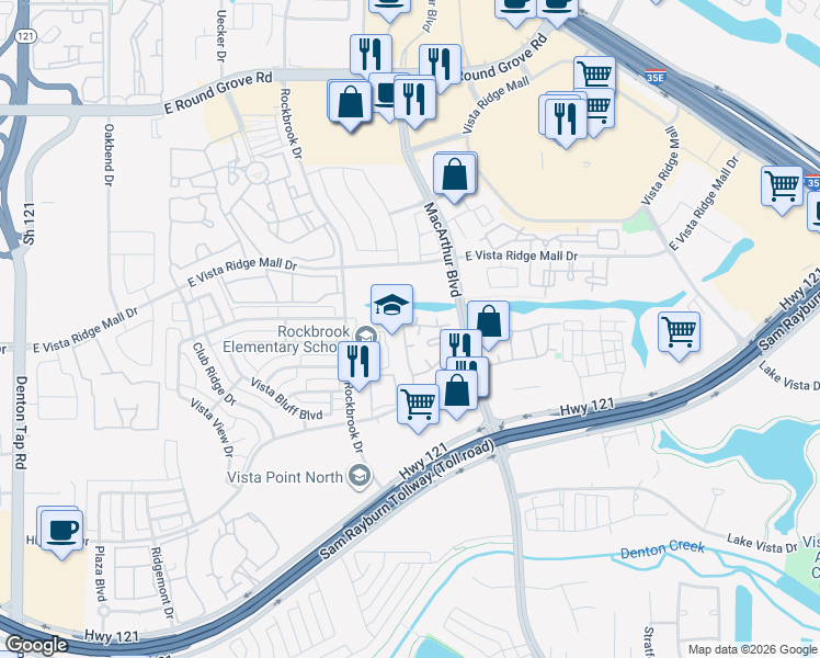 map of restaurants, bars, coffee shops, grocery stores, and more near 501 Highland Drive in Lewisville